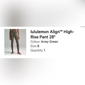 lululemon athletica Align High-Rise Pant in Army Green. Size 8